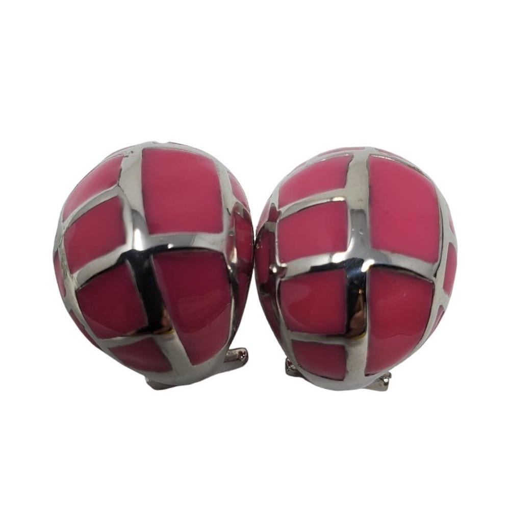 Retro Pink Art Deco Enamel Stud Earrings - Stainless Steel Caged Jewelry
